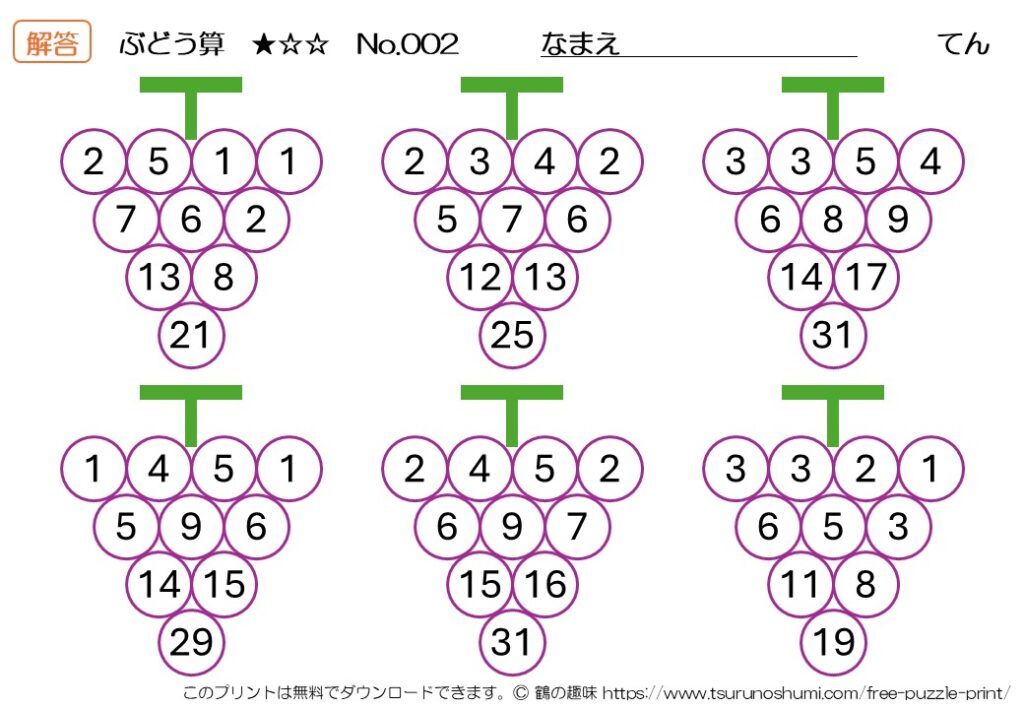 ぶどう算 初級 No.002 無料プリント 解答
