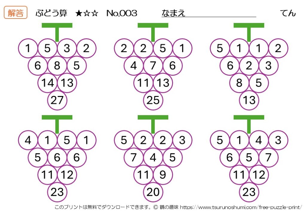 ぶどう算 初級 No.003 解答 無料プリント
