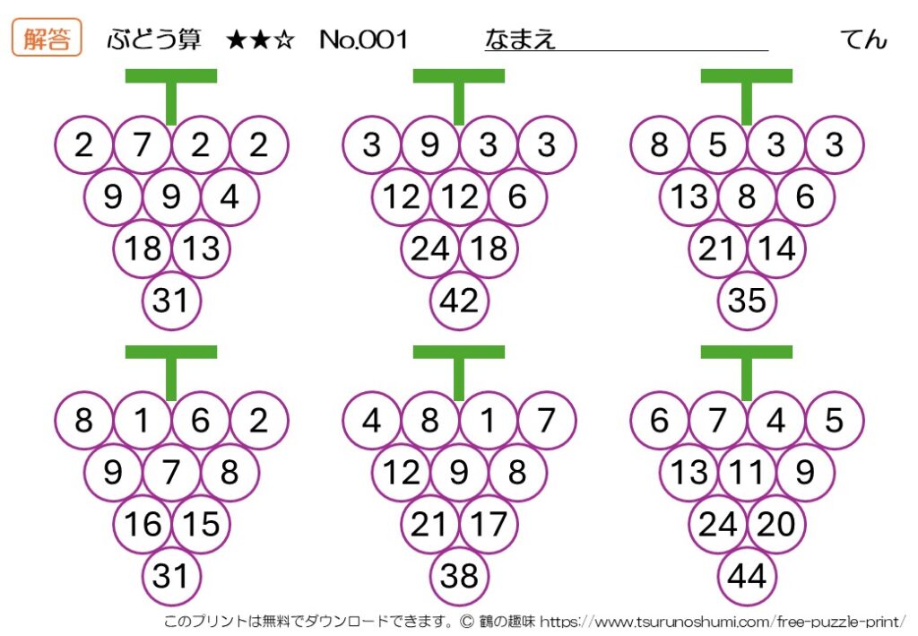 ぶどう算 中級 No.001 解答 無料プリント