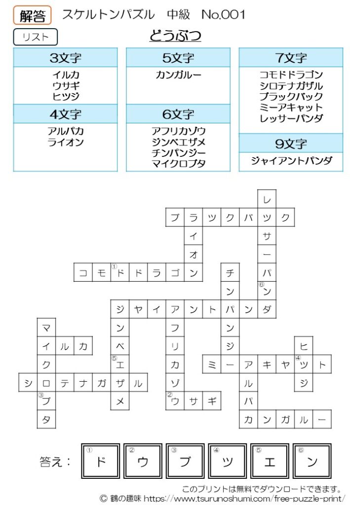 スケルトンパズル 中級 No.001 解答 無料プリント