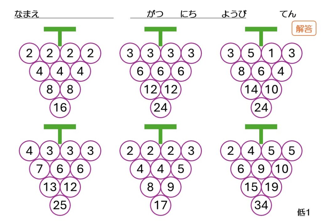 ぶどう算 無料プリント No.001 解答