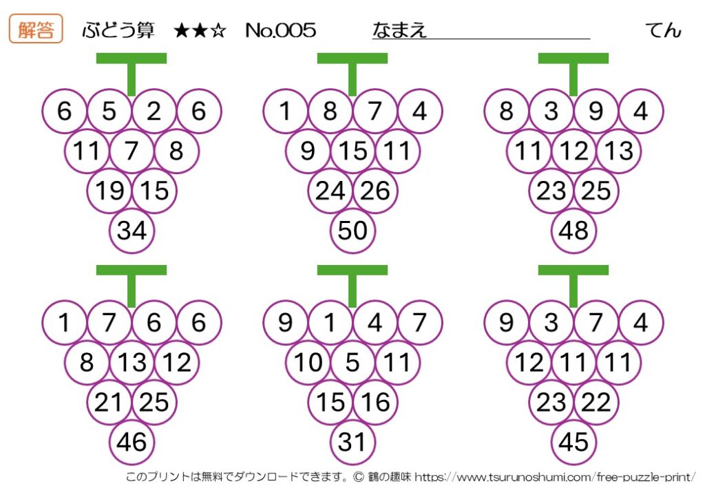 ぶどう算 中級 No.005 解答 無料プリント