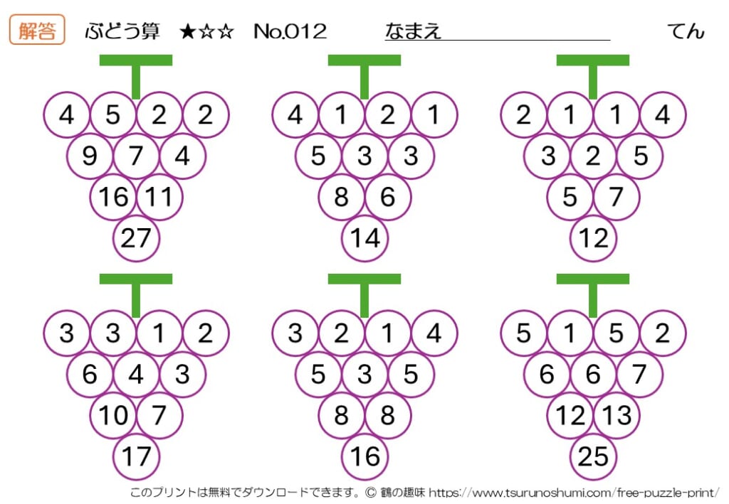 ぶどう算 初級 No.012 解答 無料プリント