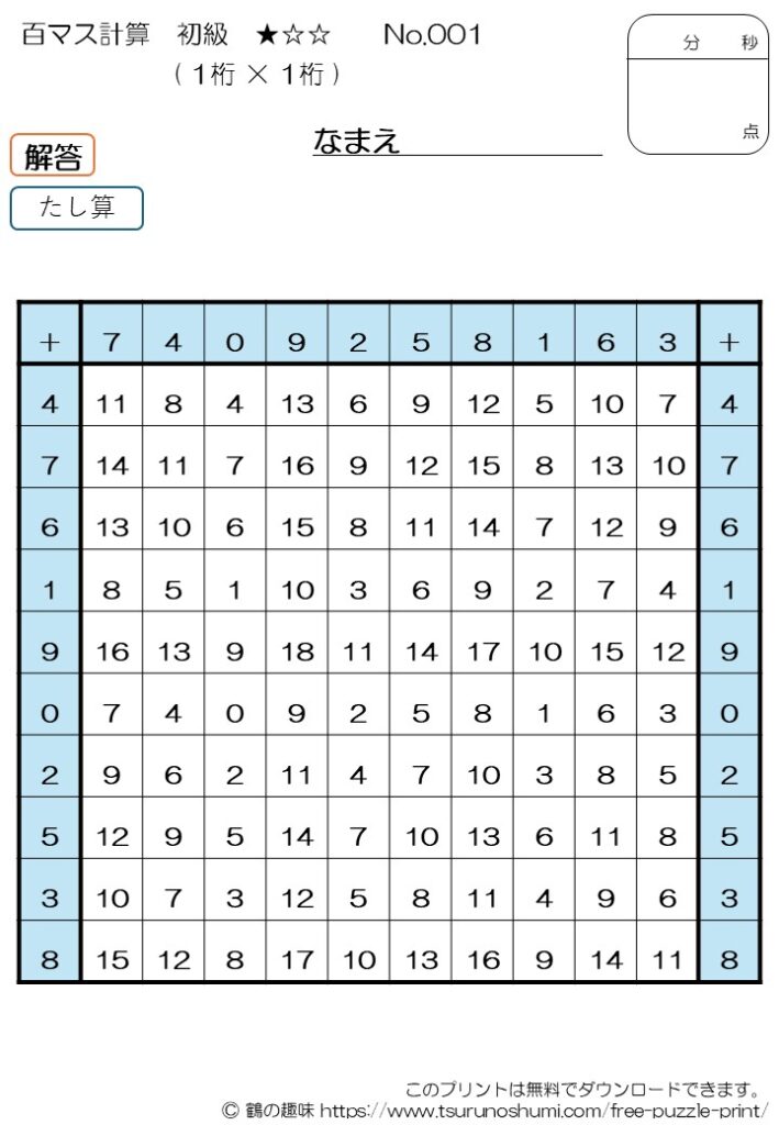 百マス計算 足し算 初級 No.001 解答 無料プリント